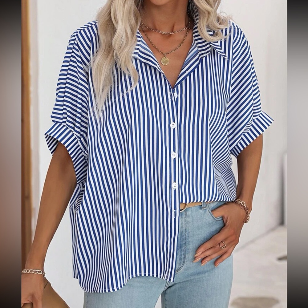 Classic Oversized Loose Fit Stripe Batwing Sleeve Button Down Shirt Top - Picture 10 of 14
